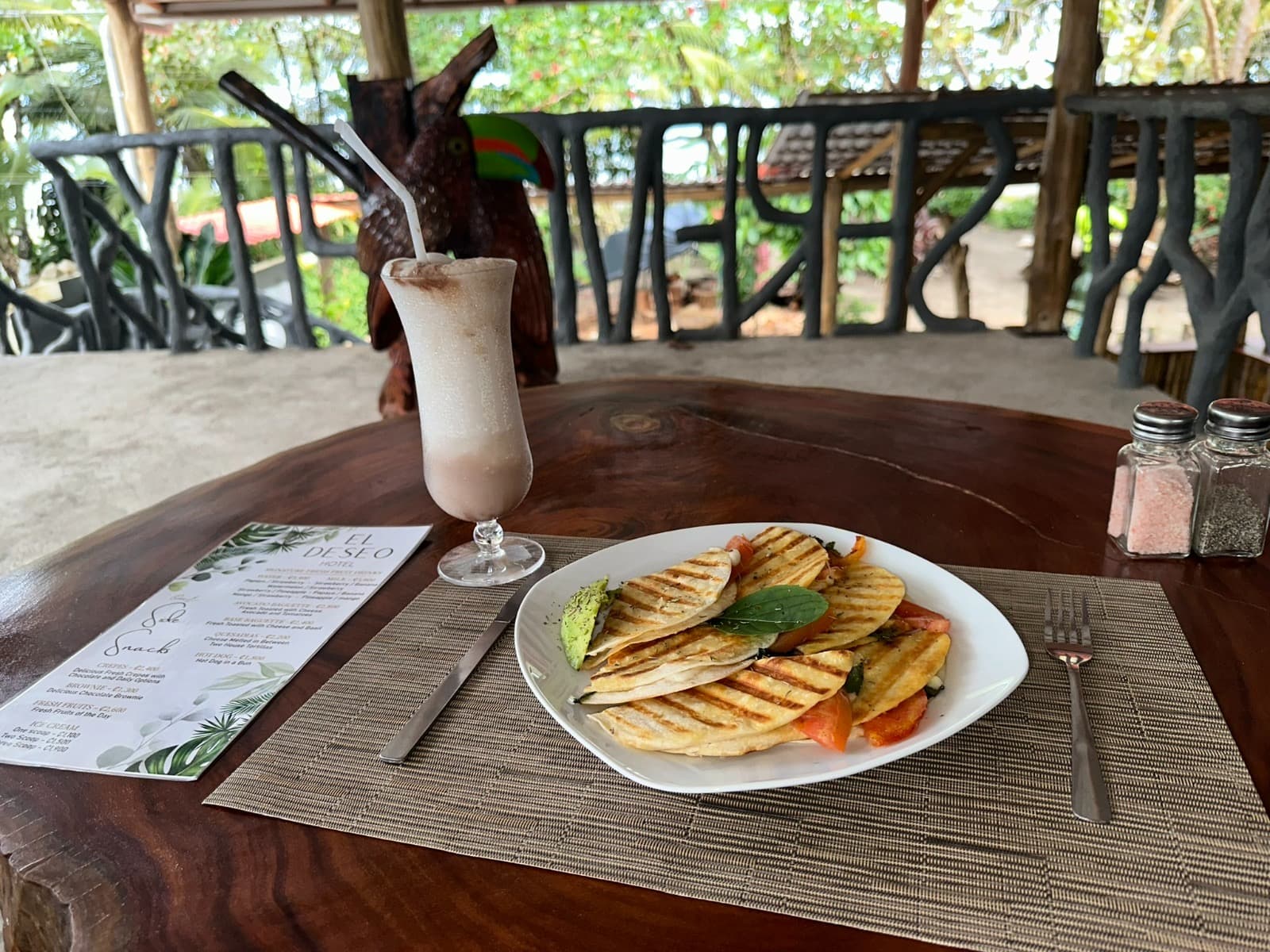 Tropical smoothie and grilled panini at Hotel Serendipity restaurant in Tortuguero